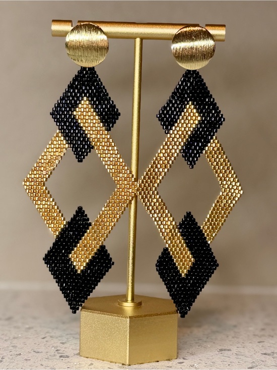 Hand Crafted Jewelry - Handmade Art Deco Black Gold Seed Bead Statement Earring